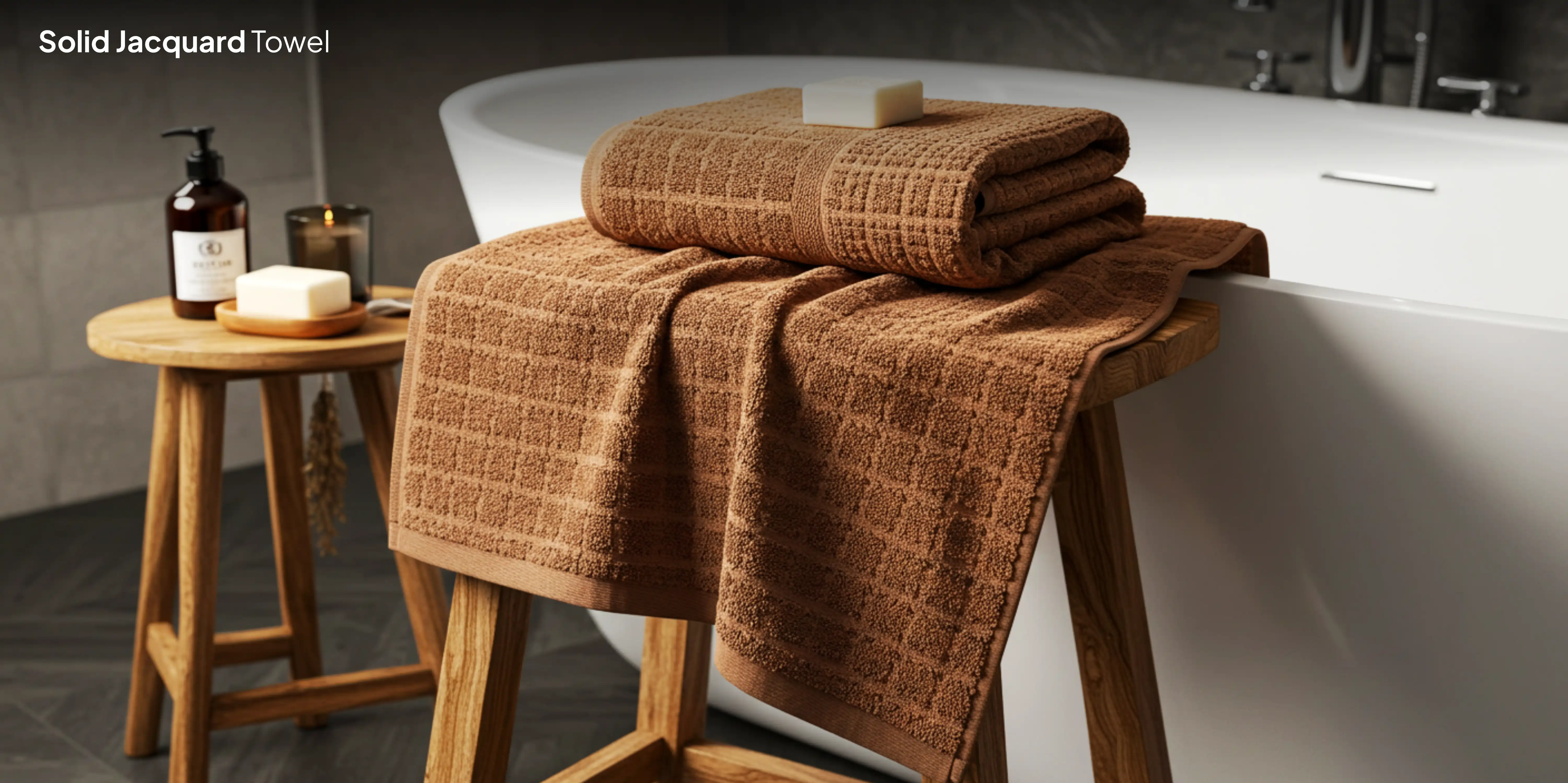 Brown jacquard towel on stool by bathtub.